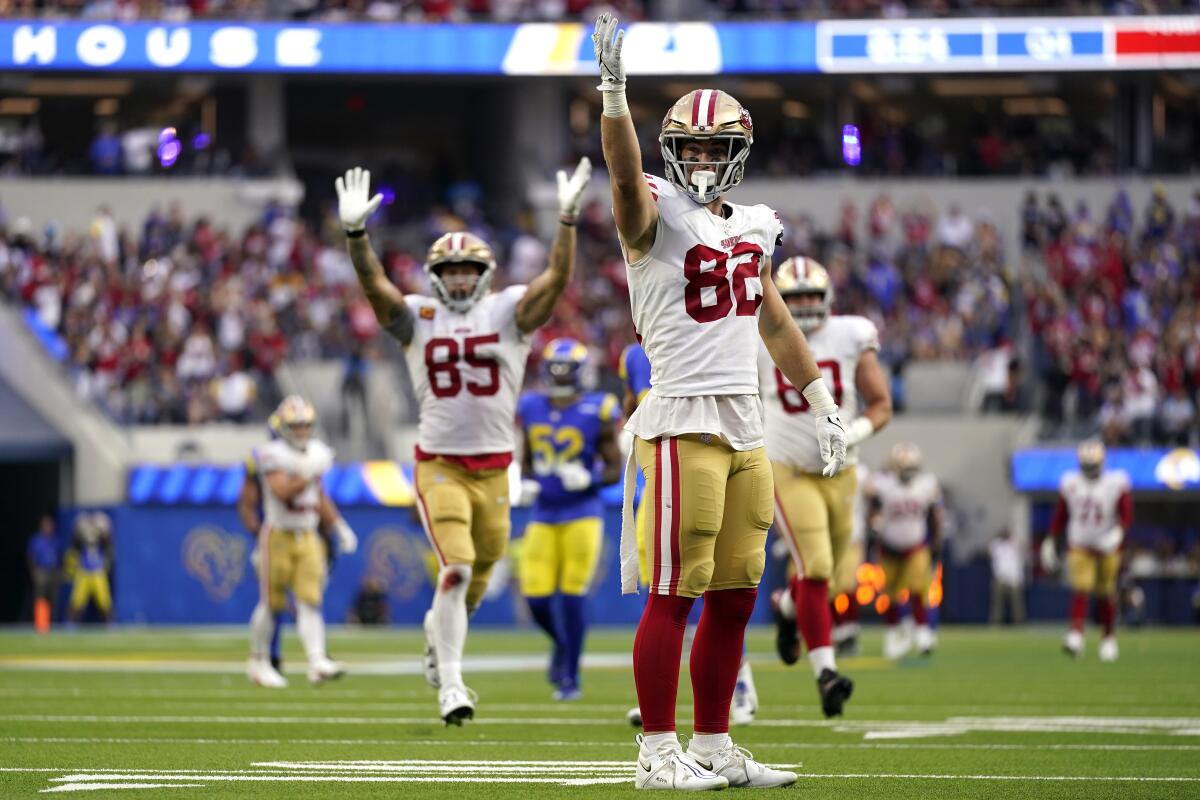 San Francisco 49ers tight end Ross Dwelley celebrates after making a catch in the fourth quarter.
