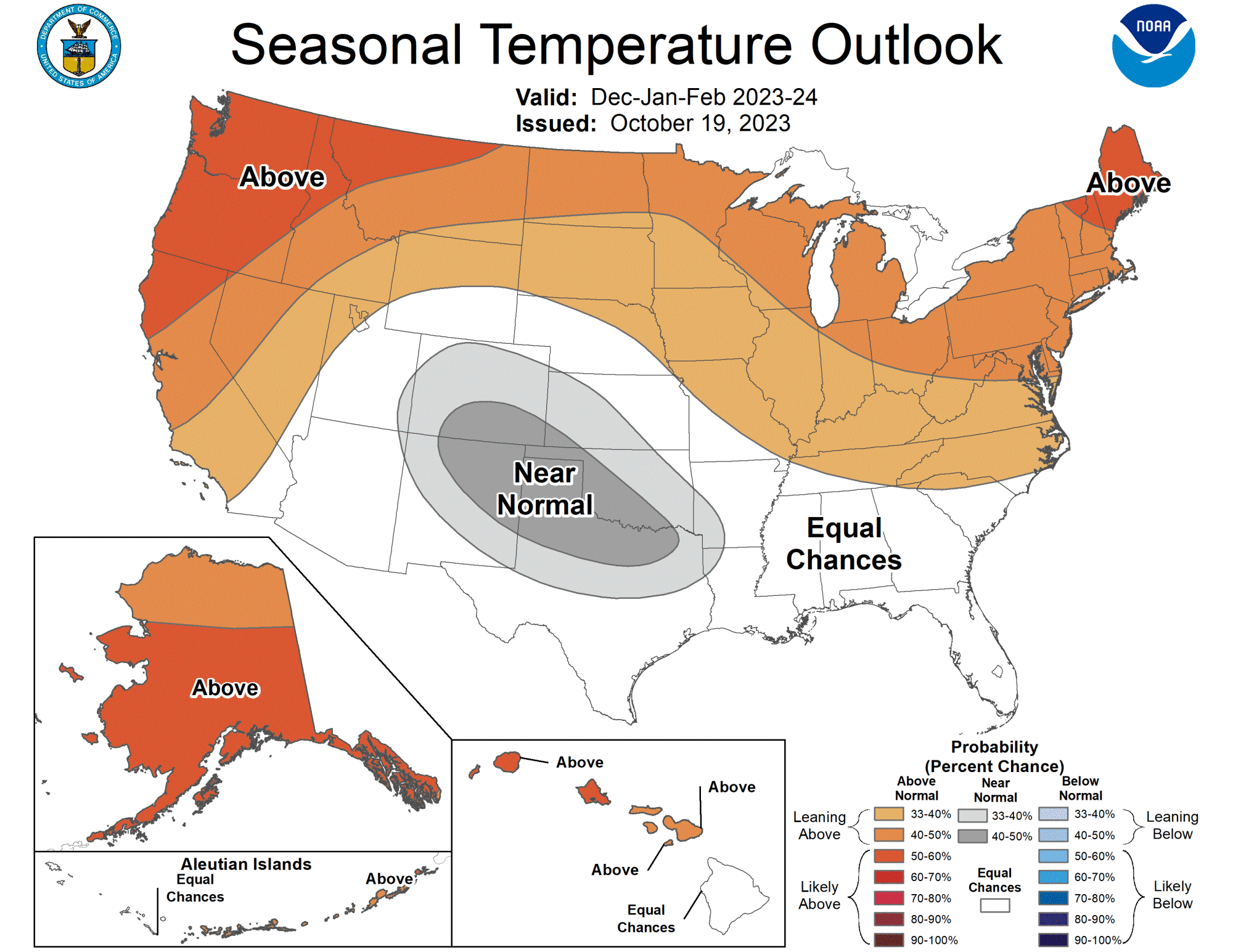 Map showing warmer-than-average temperatures are favored across the northern tier of the U.S. and West Coast.