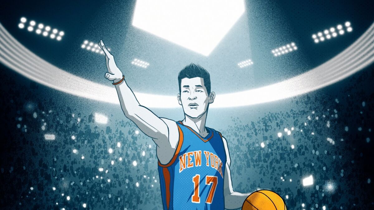 Animation of a man in a New York Knicks uniform holding a basketball and waving 