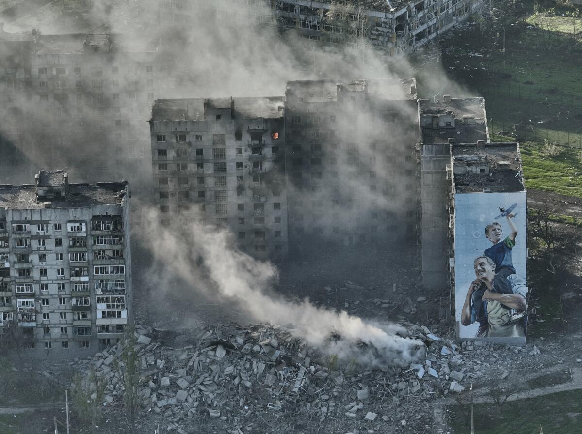 Smoke rising from building in war-ravaged Bakhmut