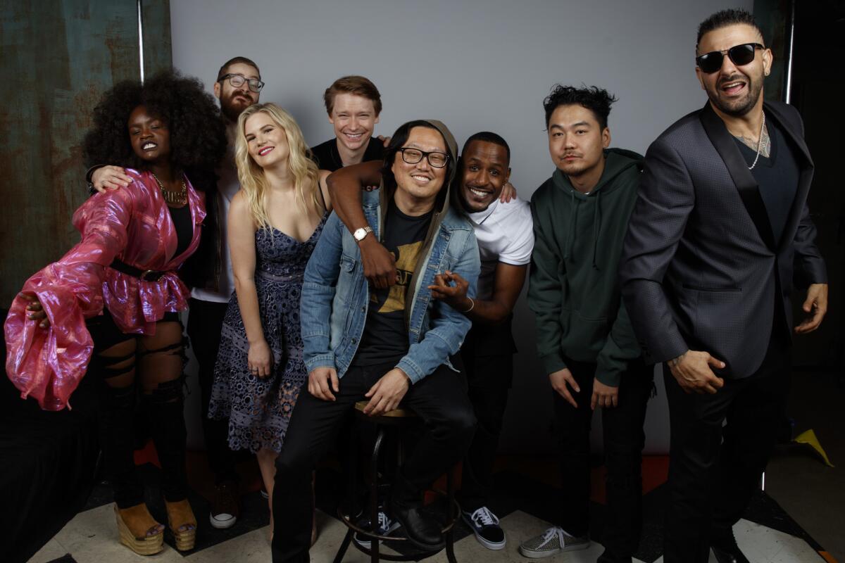 The cast of "Bodied," from left: Shoniqua Shandai, Kid Twist, Rory Uphold, Calum Worthy, director Joseph Kahn, Jackie Long, Dumbfounded and Dizaster.