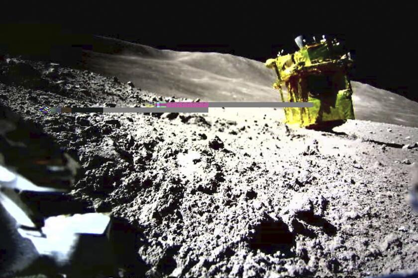 This image provided by the Japan Aerospace Exploration Agency (JAXA)/Takara Tomy/Sony Group Corporation/Doshisha University shows an image taken by a Lunar Excursion Vehicle 2 (LEV-2) of a robotic moon rover called Smart Lander for Investigating Moon, or SLIM, on the moon. (JAXA/Takara Tomy/Sony Group Corporation/Doshisha University via AP)