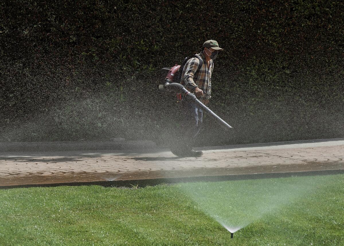A gardener with a leaf blower stands in a driveway as sprinklers water the lawn of a home in Los Angeles.