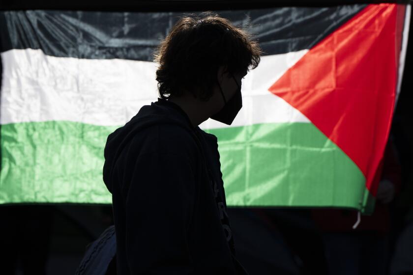 La silueta de un alumno de la Universidad de Oregon se ve ante una bandera palestina en un campamento de carpas levantado en la universidad como protesta por la guerra entre Hamás e Israel, el 29 de abril de 2024 en Eugene, Oregon. (AP Foto/Jenny Kane)