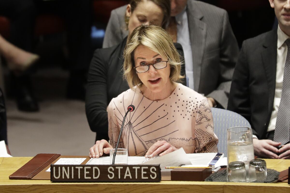 United States ambassador to the United Nations Kelly Craft speaks during a Security Council meeting at United Nations headquarters, Tuesday, Feb. 11, 2020. (AP Photo/Seth Wenig)