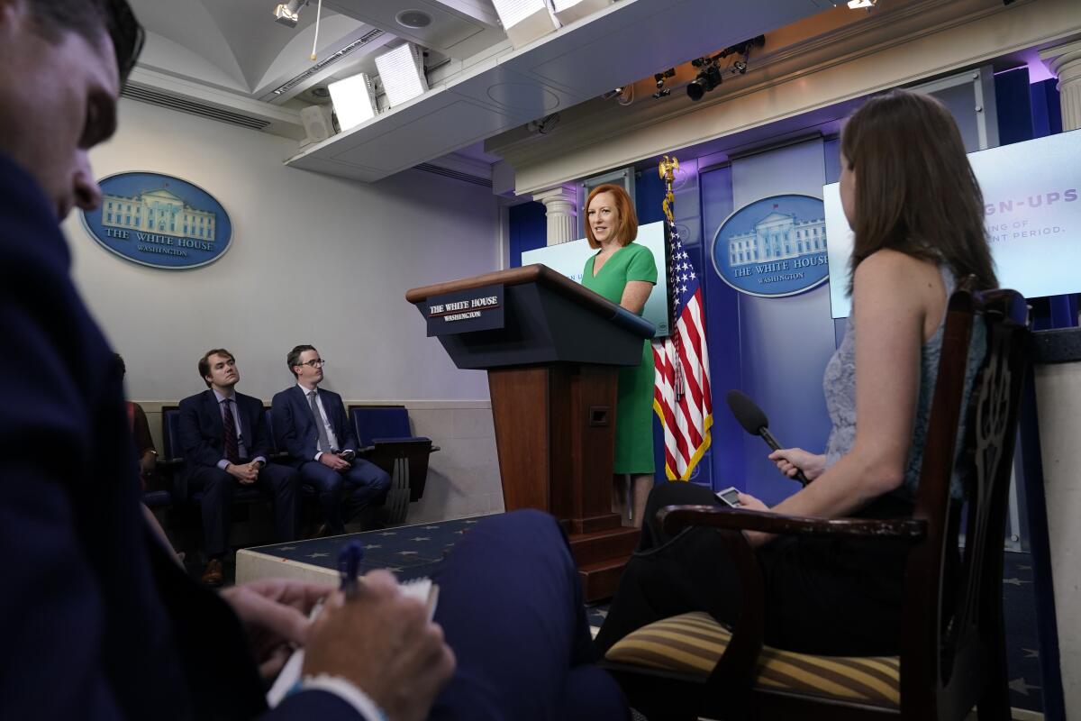 White House press secretary Jen Psaki speaks during the daily briefing at the White House in Washington, Friday, July 16, 2021. (AP Photo/Susan Walsh)