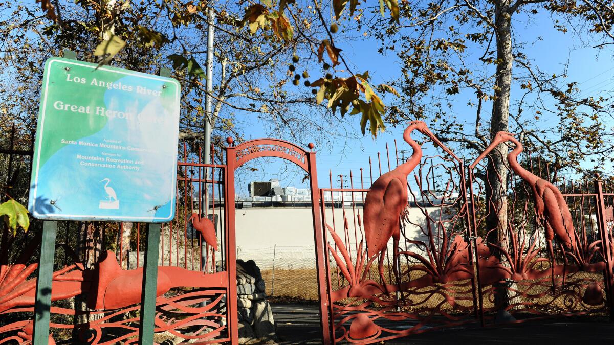 The Great Heron Gates leading to Rattlesnake Park along the Los Angeles River.