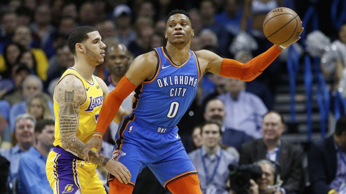 Thunder guard Russell Westbrook keeps the ball away from Lakers guard Lonzo Ball during the first half of a Jan. 17 game in Oklahoma City.