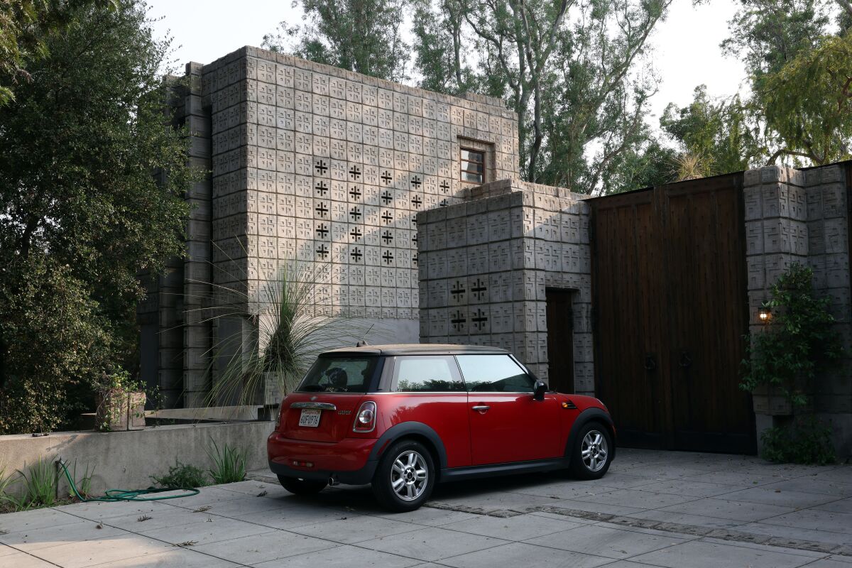 The Millard House is constructed out of textured cement blocks.