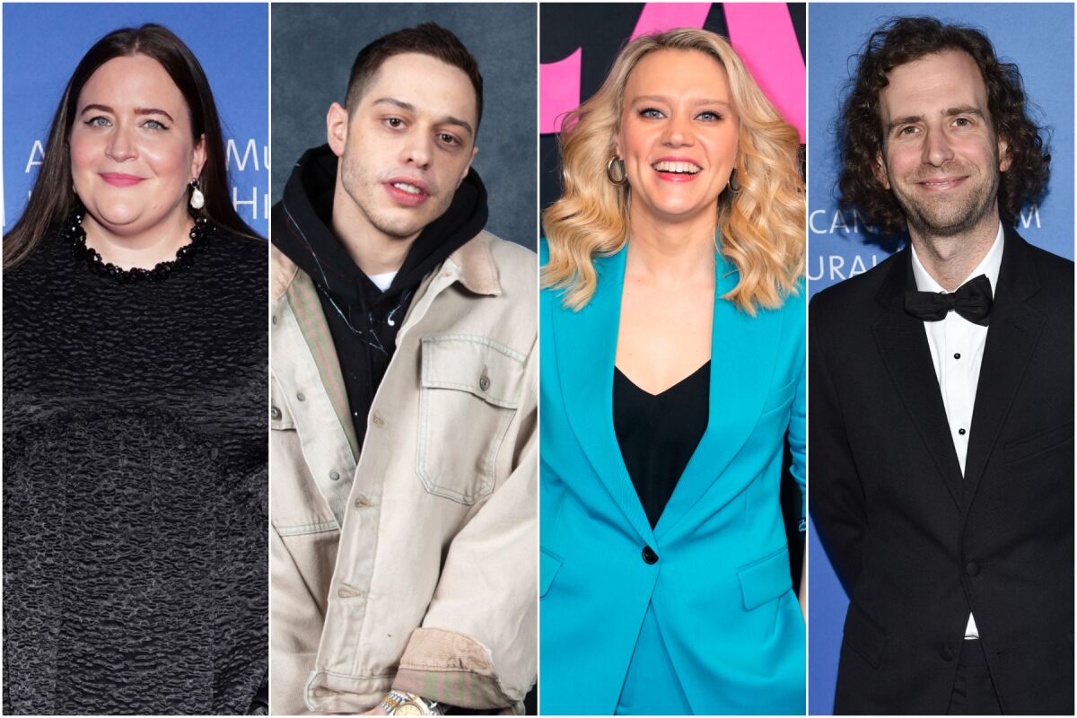A split image of a woman in a dress, from left, a man in a jacket, a woman in a suit and a man in a tuxedo