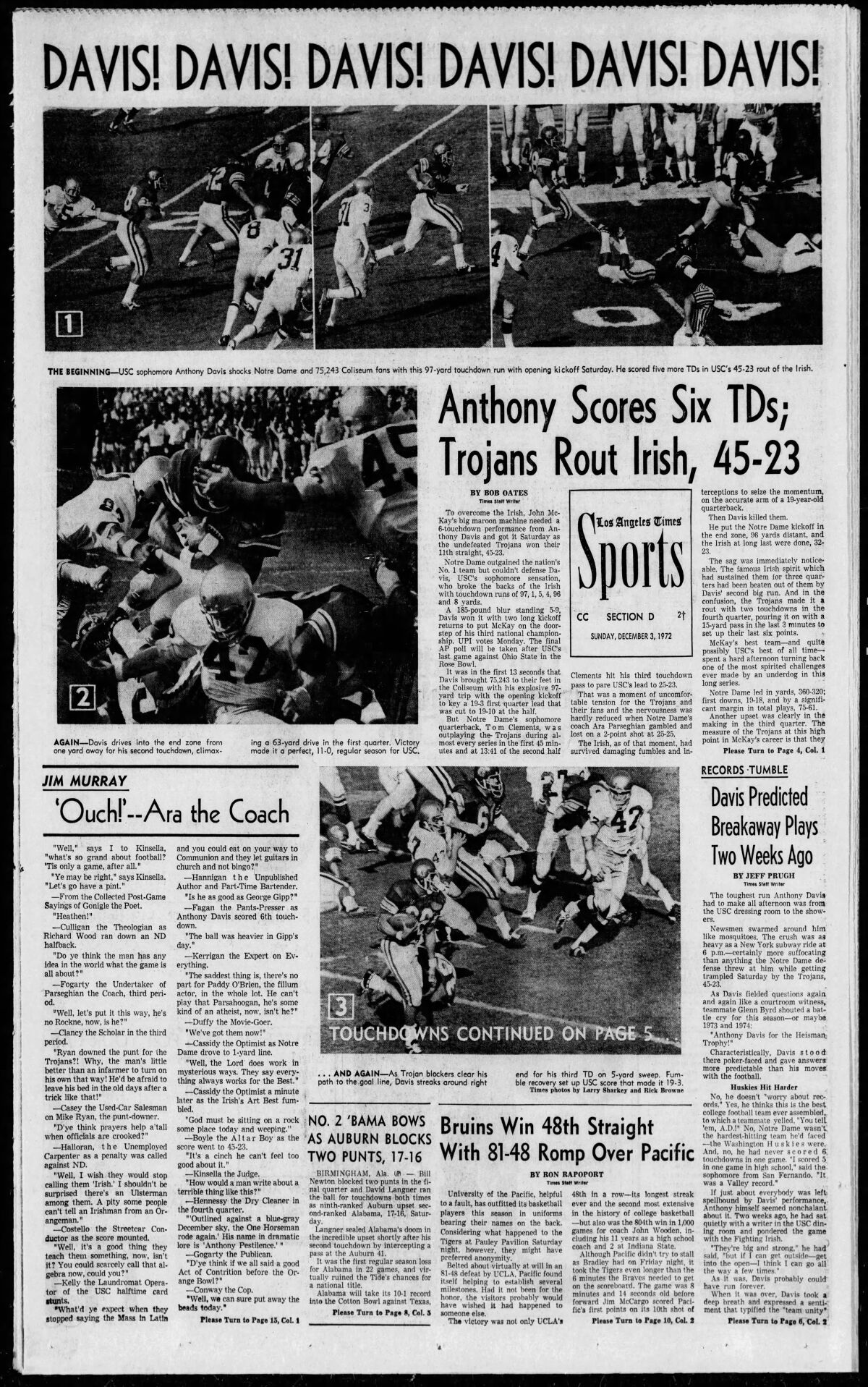 The front page of the Los Angeles Times sports section from Dec. 3, 1972, highlighting USC running back Anthony Davis