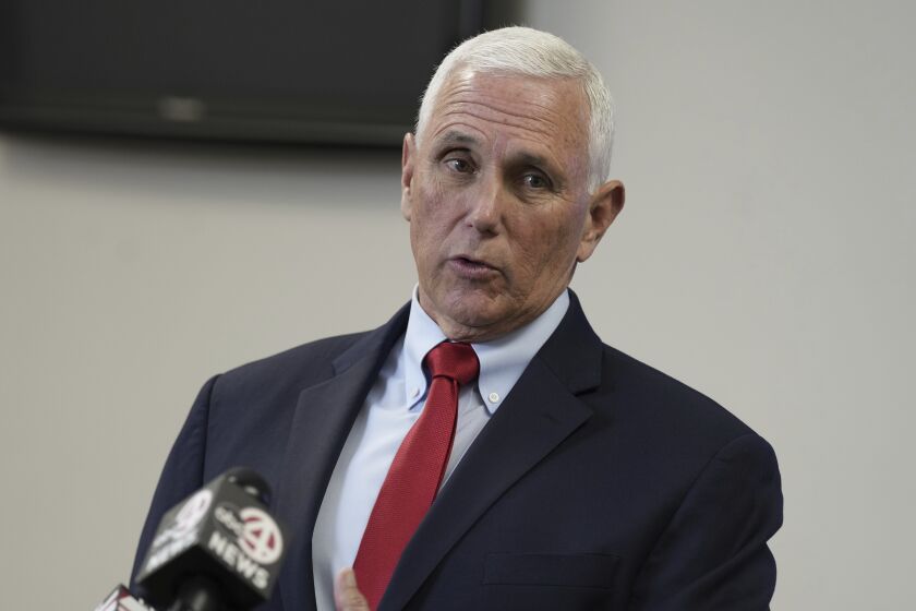 Former Vice President Mike Pence fields media questions following an event in North Charleston, S.C.