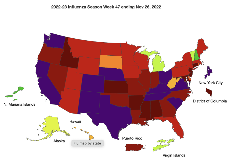California is now experiencing "very high" influenza-like illness levels.