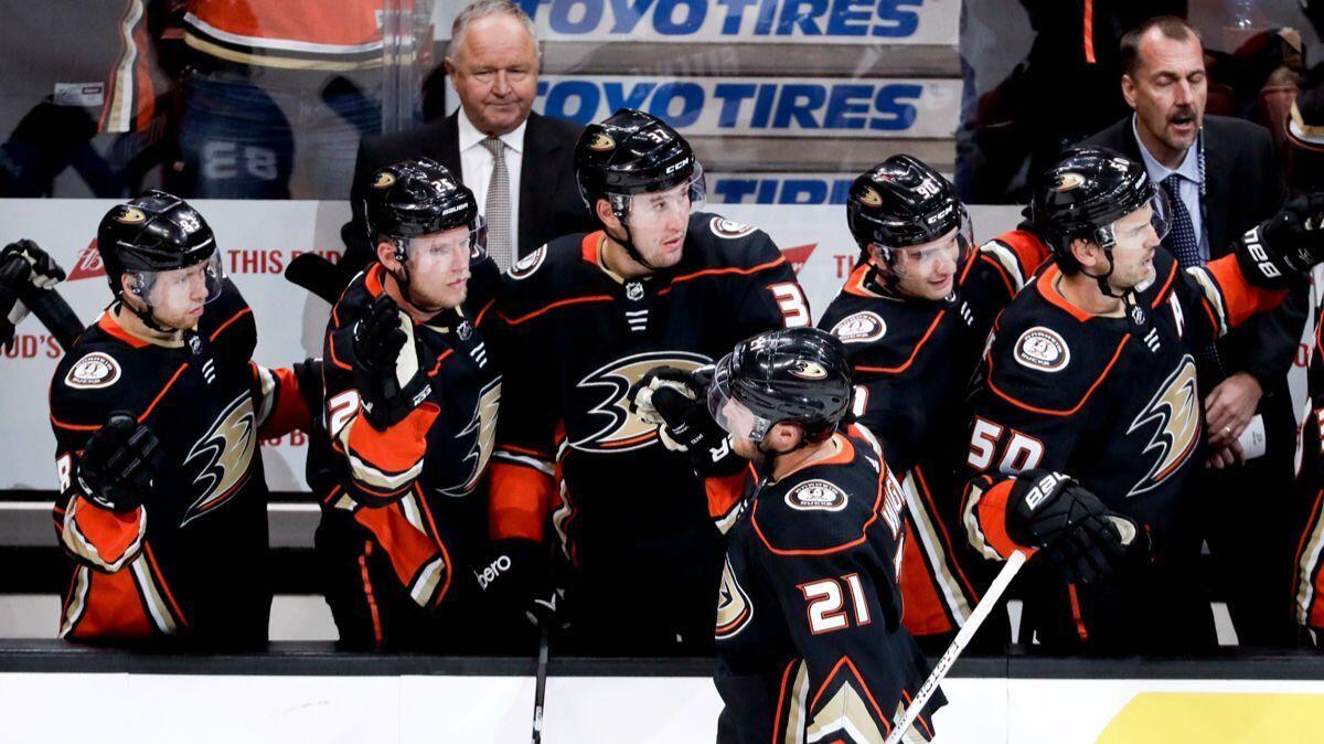 Ducks right wing Chris Wagner (21) celebrates his goal during the third period of a preseason game against the San Jose Sharks on, Sept. 28.