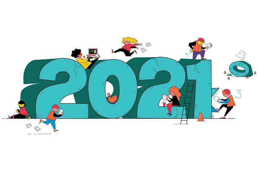 Illustration of the number 2021 with characters running and working around it.