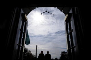 Saudi Arabia's Crown Prince Mohammed bin Salman Al Saud and President Trump watch a flyover.