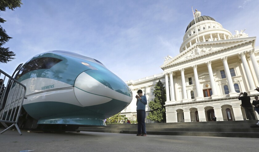 A full-scale mock-up of a high-speed train is displayed in 2015 at the Capitol in Sacramento.