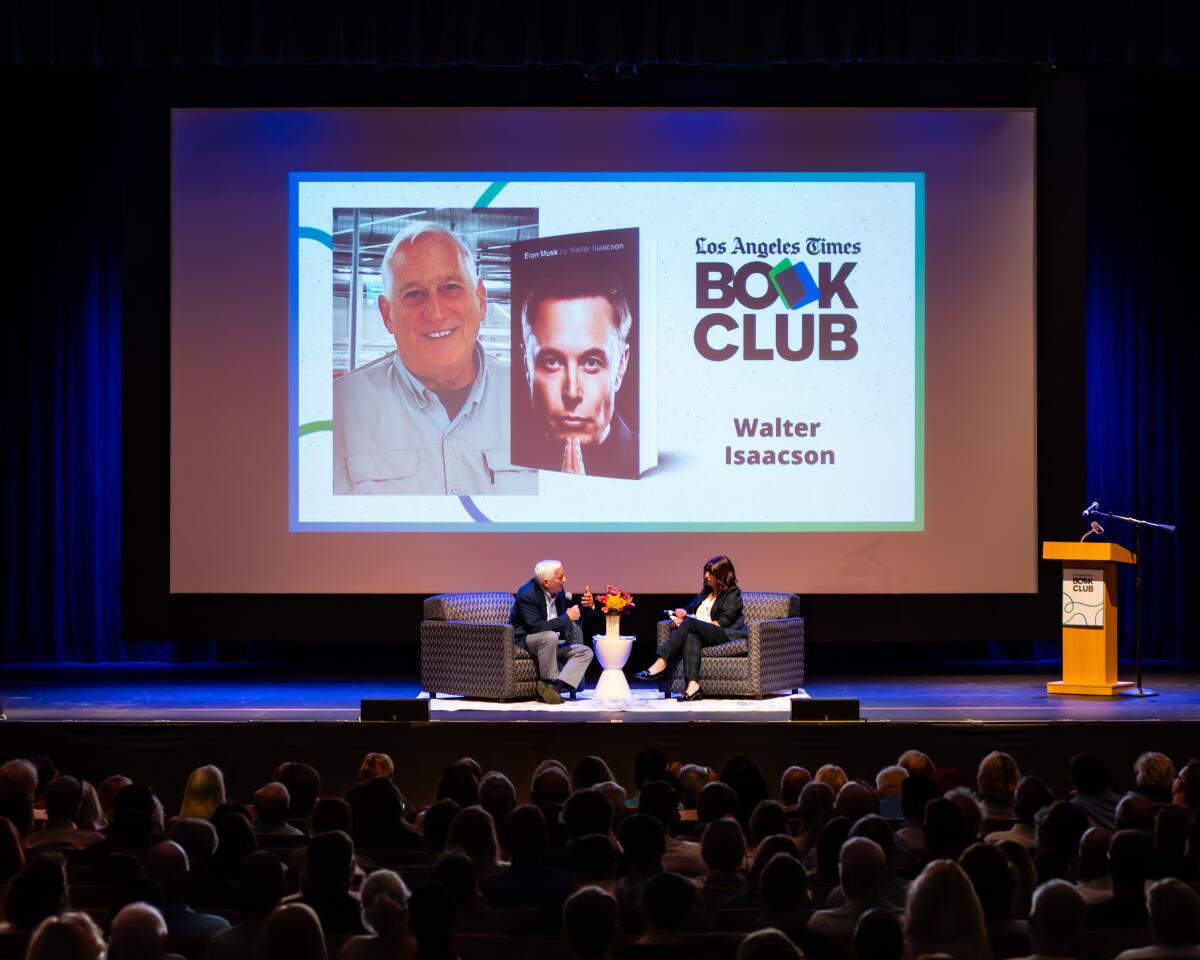 Walter Isaacson (left) discusses "Elon Musk" with Times columnist Anita Chabria at L.A. Times Book Club