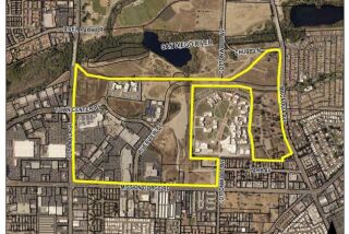 A map shows the aerial overview of a coming arts and entertainment district in Santee.