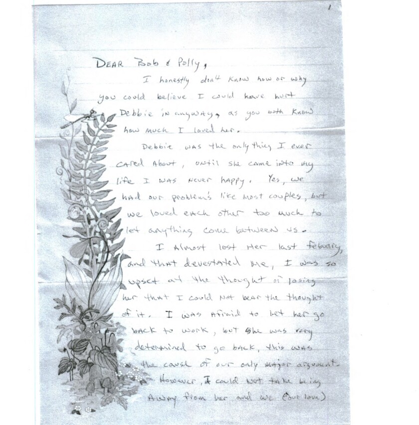 A letter that Thomas Waterbury wrote in 1981 to the parents of his slain wife, Debbie. He was convicted of her murder.