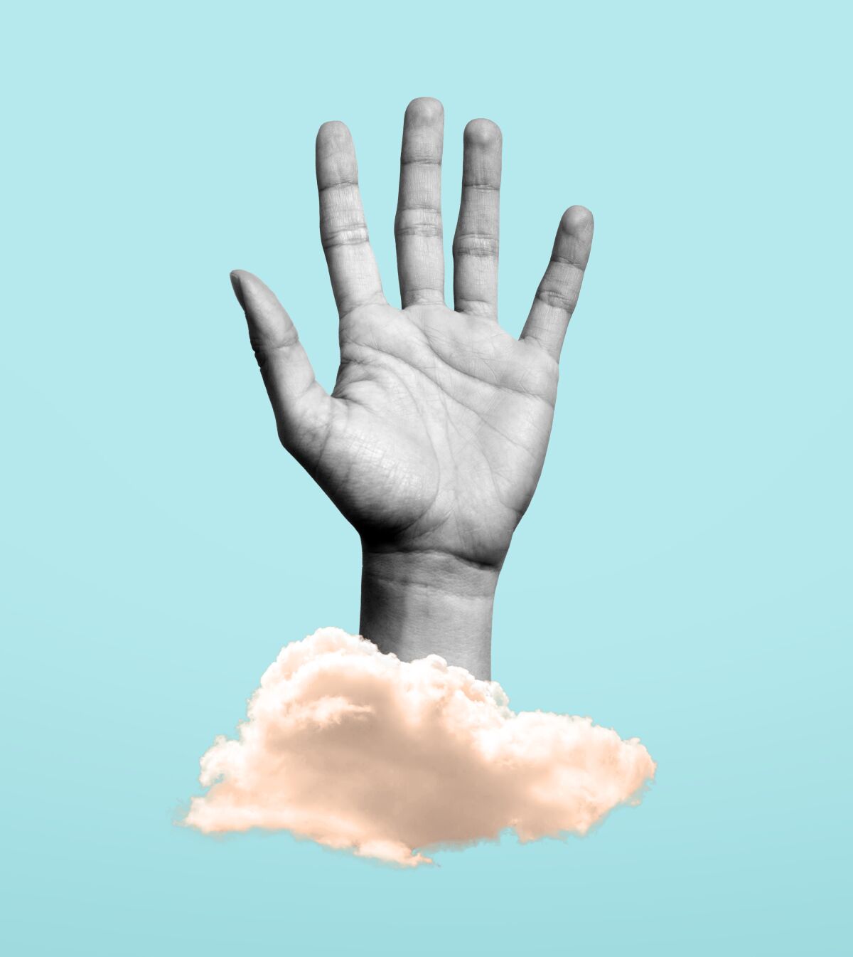 Photo illustration of a left hand rising from a sepia toned cloud on a pale blue background.