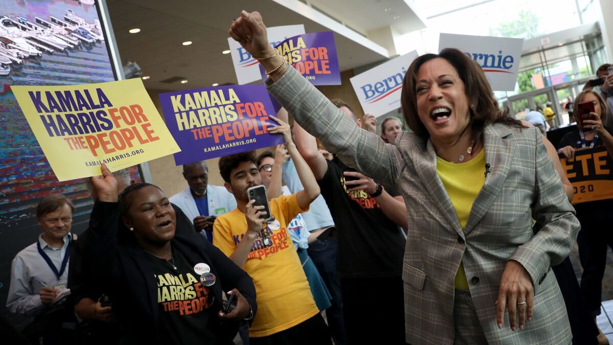 Supporters greet Sen. Kamala Harris of California on Saturday before the South Carolina Democratic Party convention in Columbia.