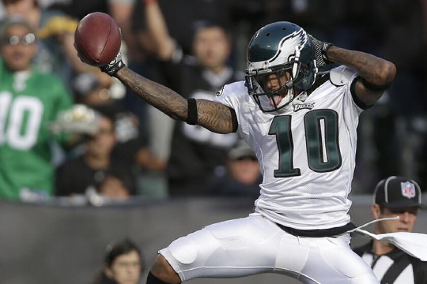 Philadelphia Eagles wide receiver DeSean Jackson celebrates as he scores a touchdown against the Oakland Raiders in November. The Eagles released Jackson on Friday.