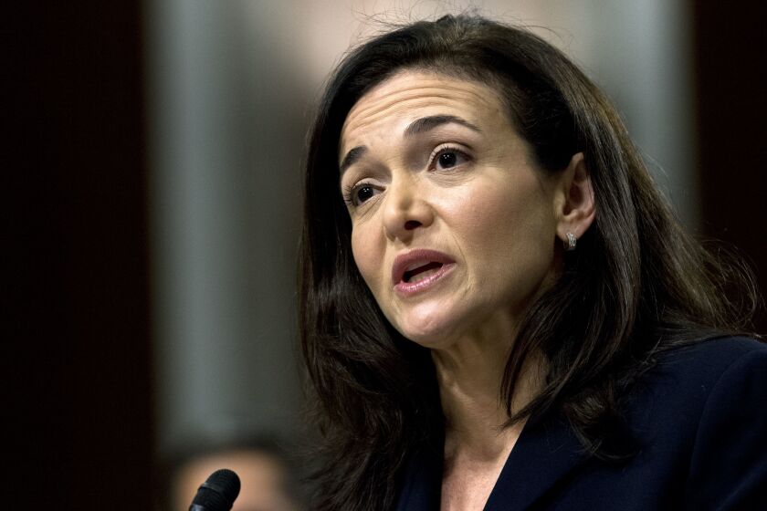 FILE- In this Sept. 5, 2018, file photo Facebook COO Sheryl Sandberg testifies before the Senate Intelligence Committee hearing on 'Foreign Influence Operations and Their Use of Social Media Platforms' on Capitol Hill in Washington. Facebook and civil rights group Color of Change are hosting a meeting Thursday, Sept. 26, 2019, in Atlanta to discuss problems around discrimination, racism and political deception on the site. Sandberg didn’t directly respond to questions about the decision by Sherrilyn Ifill, president of the NAACP Legal Defense & Educational Fund, during a discussion by the two. (AP Photo/Jose Luis Magana, File)