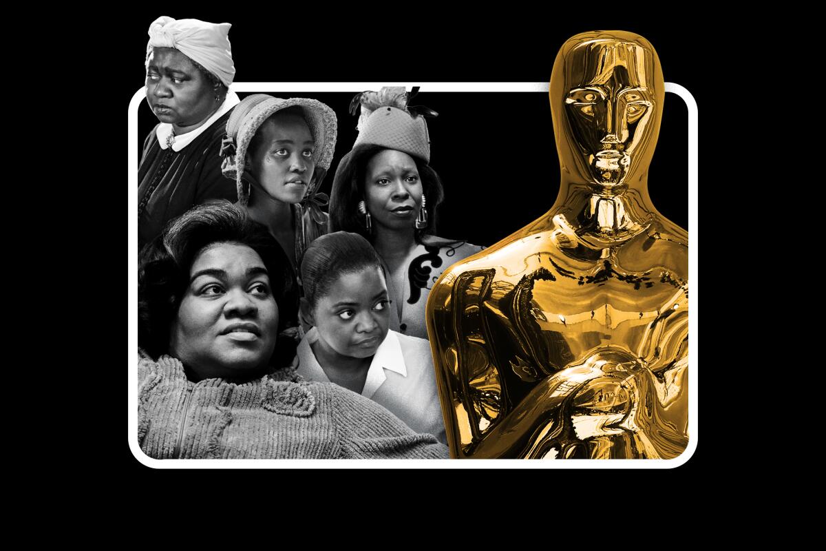 Un collage de Da'Vine Joy Randolph, Hattie McDaniel, Lupita Nyong'o, Whoopi Goldberg, une statue d'Oscar et Octavia Spencer