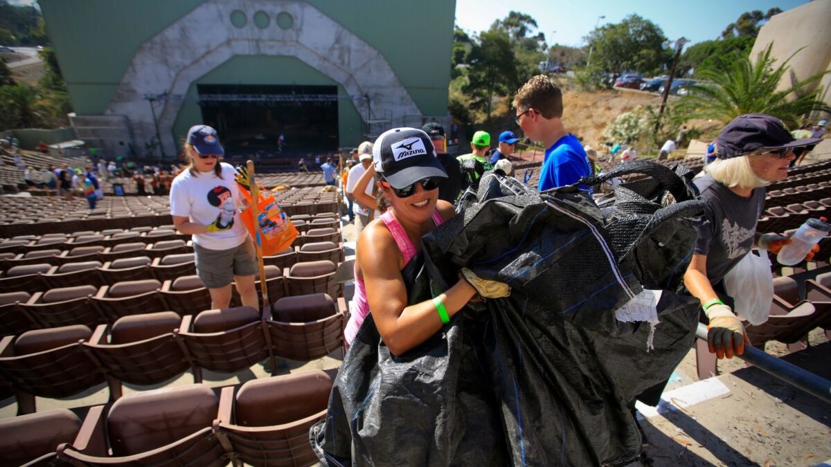 Rochelle Brown and other community volunteers work to clean up Balboa Park's Starlight Bowl last year.