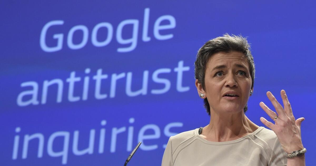 European Union antitrust chief Margrethe Vestager in Brussels discusses allegations against online search giant Google Inc.