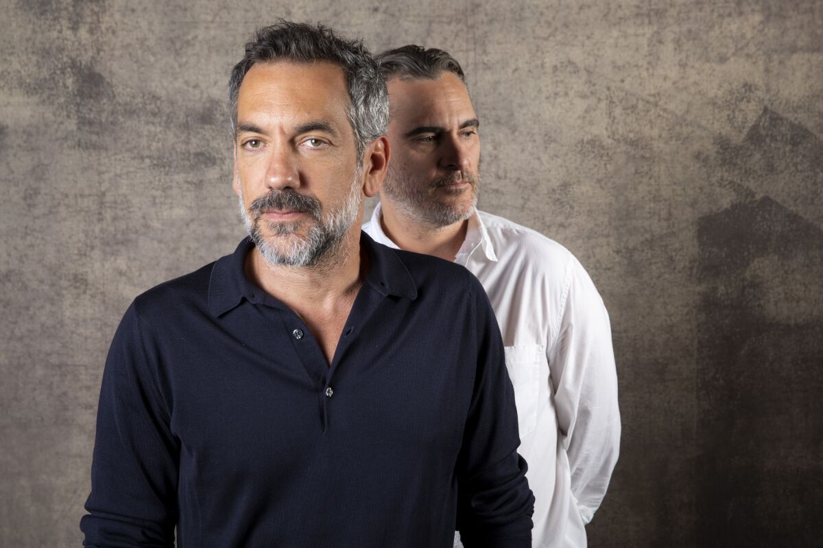 Director Todd Phillips, left, and actor Joaquin Phoenix, from the film "Joker," photographed in the L.A. Times Photo Studio at the Toronto International Film Festival