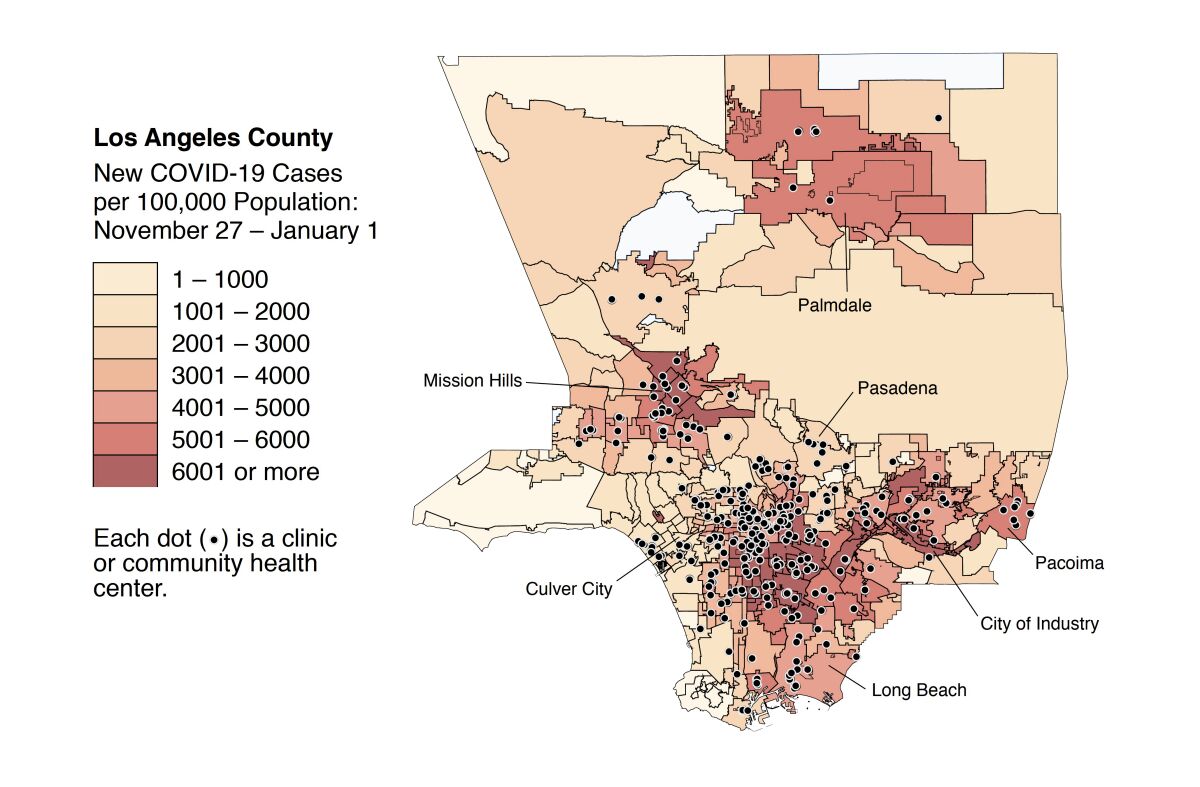 Dots on a map of Los Angeles County show where community health centers are located.