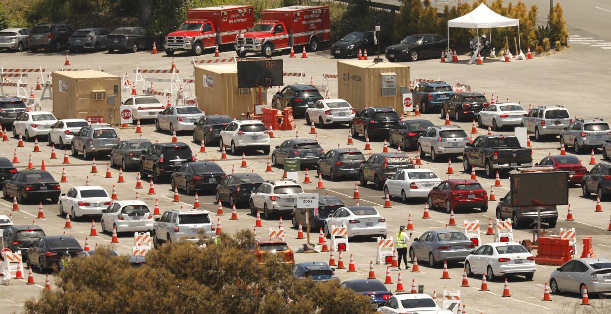 Drivers line up for coronavirus tests at Dodgers Stadium last summer.