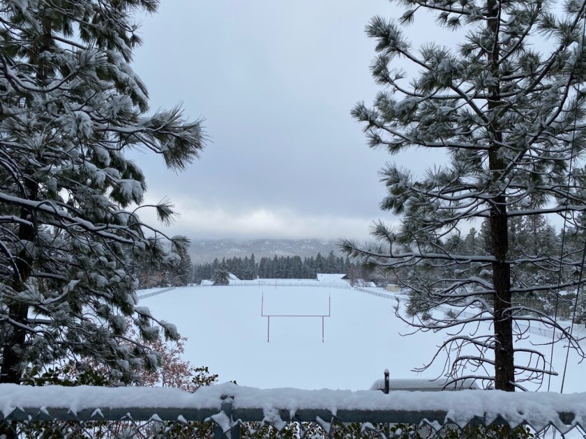 Big Bear High School's snow-blanketed football field