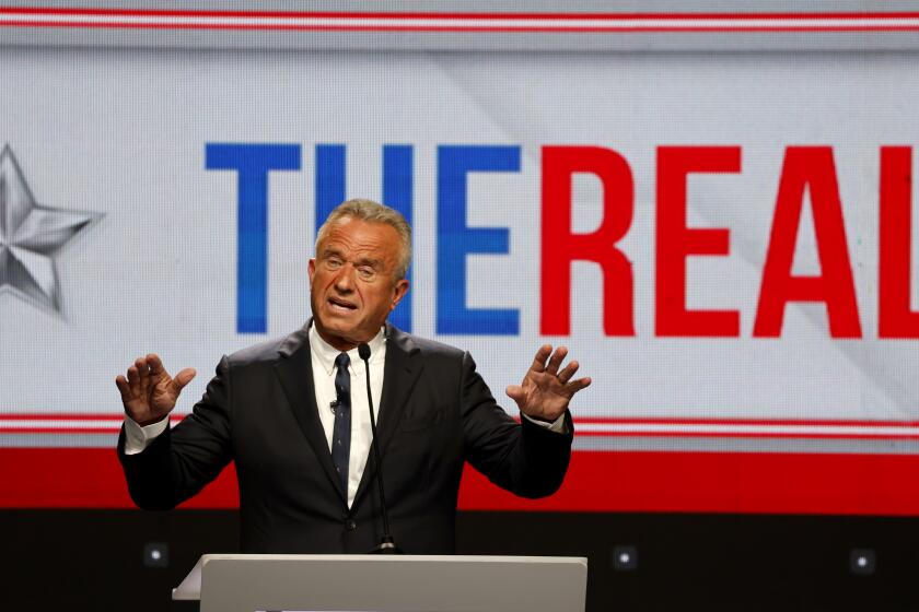 LOS ANGELES, CA - JUNE 27, 2024: Independent candidate for president Robert F Kennedy Jr. participates in his own debate after being excluded from CNN's debate with President Joe Biden and Donald Trump at XR Studio on June 27, 2024 in Los Angeles, California.(Gina Ferazzi / Los Angeles Times)