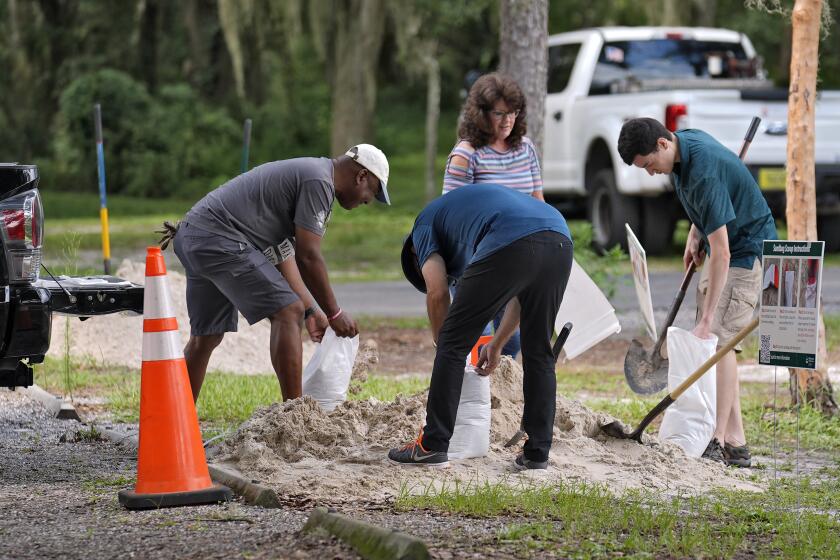 Los residentes llenan sacos de arena en el Edward Medard Conservation Park en preparación para una tormenta de fin de semana en Plant City, Florida. (AP Foto/Chris O'Meara)
