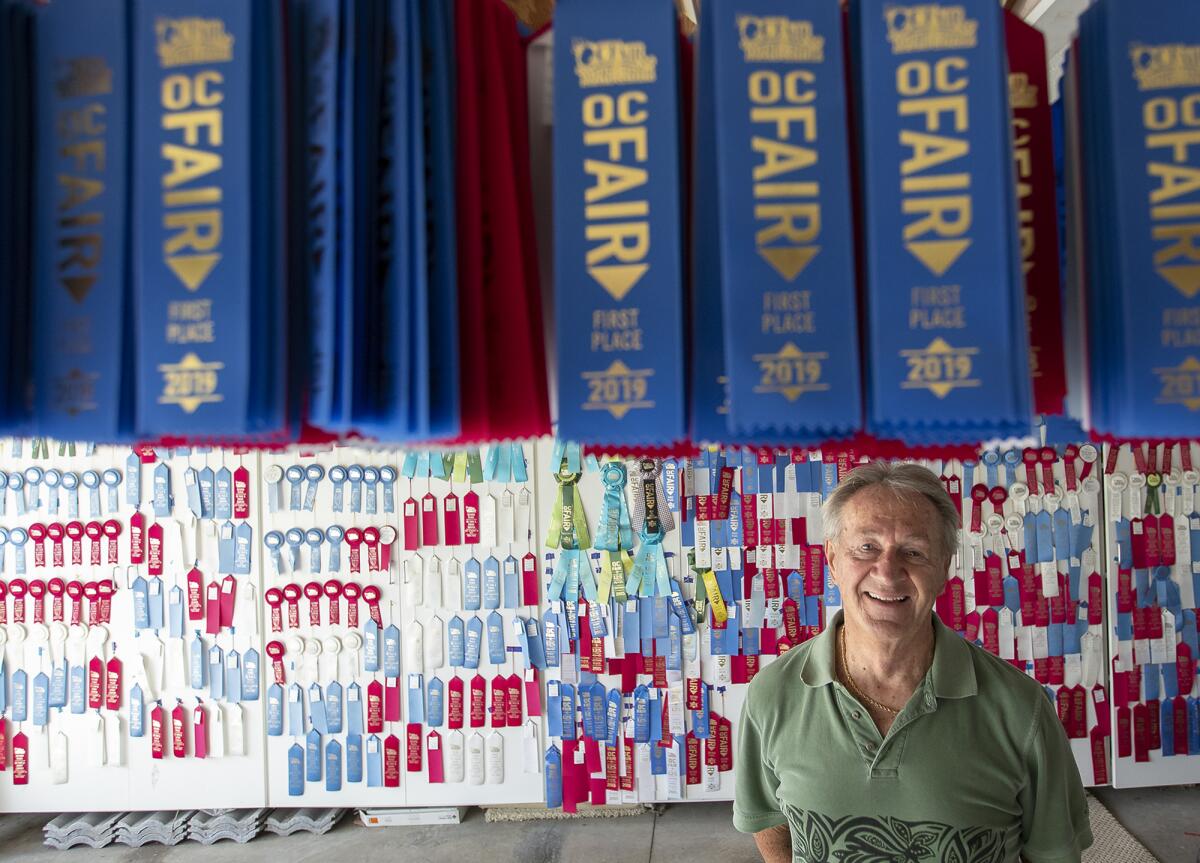 Costa Mesa resident Joseph Strubbe poses with some of the hundreds of ribbons he's won in competitions at the Orange County Fair.