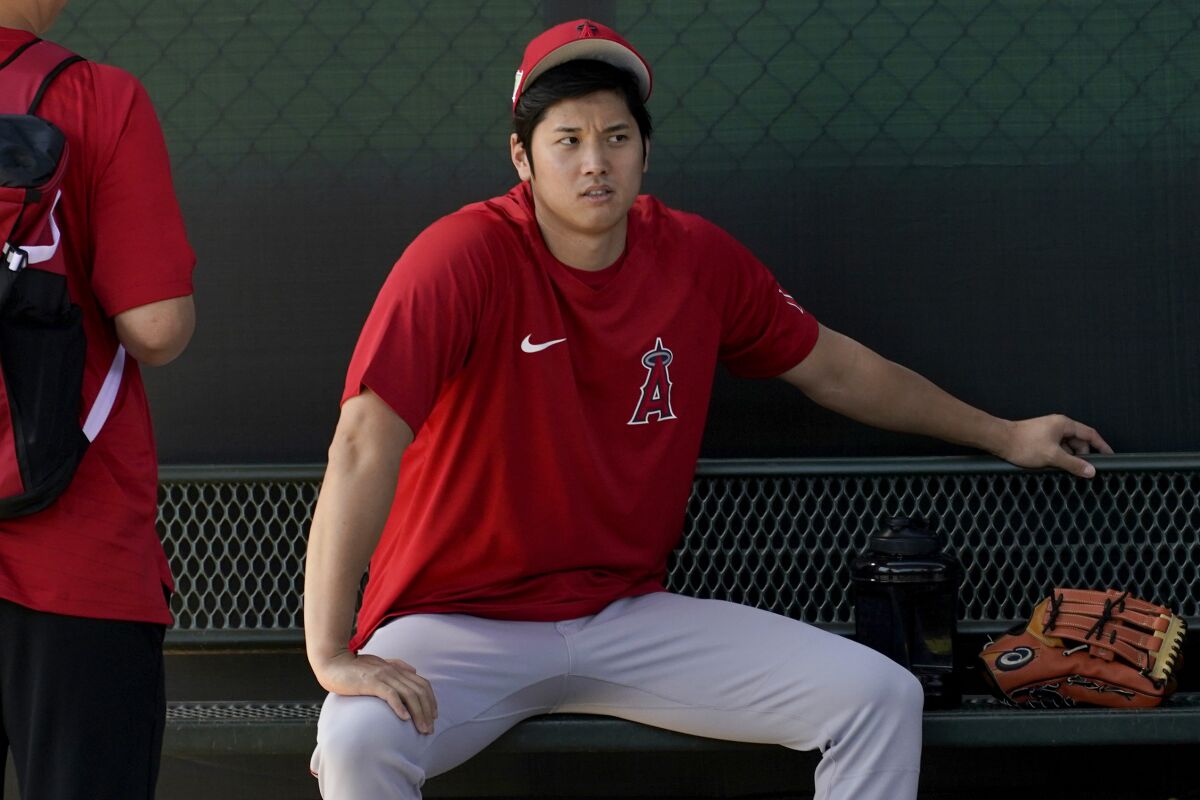 Angels' Shohei Ohtani sits in the dugout during the team's spring workouts.