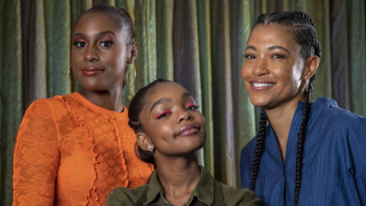 (l-r) Issa Rae, Marsai Martin and director Tina Gordon are photographed for the upcoming switch comedy "Little" at Caesar's Palace in Las Vegas, Nev., on April 3, 2019.