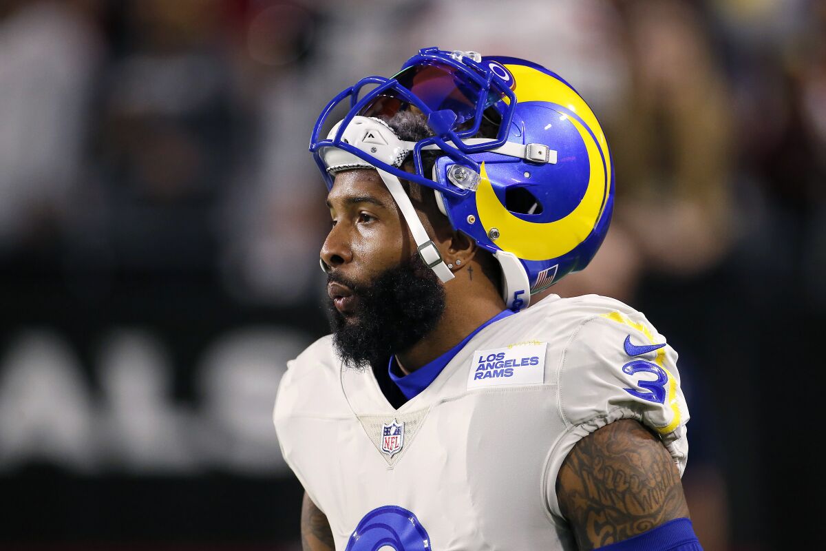  Rams wide receiver Odell Beckham Jr. has his helmet flipped up before an NFL game.