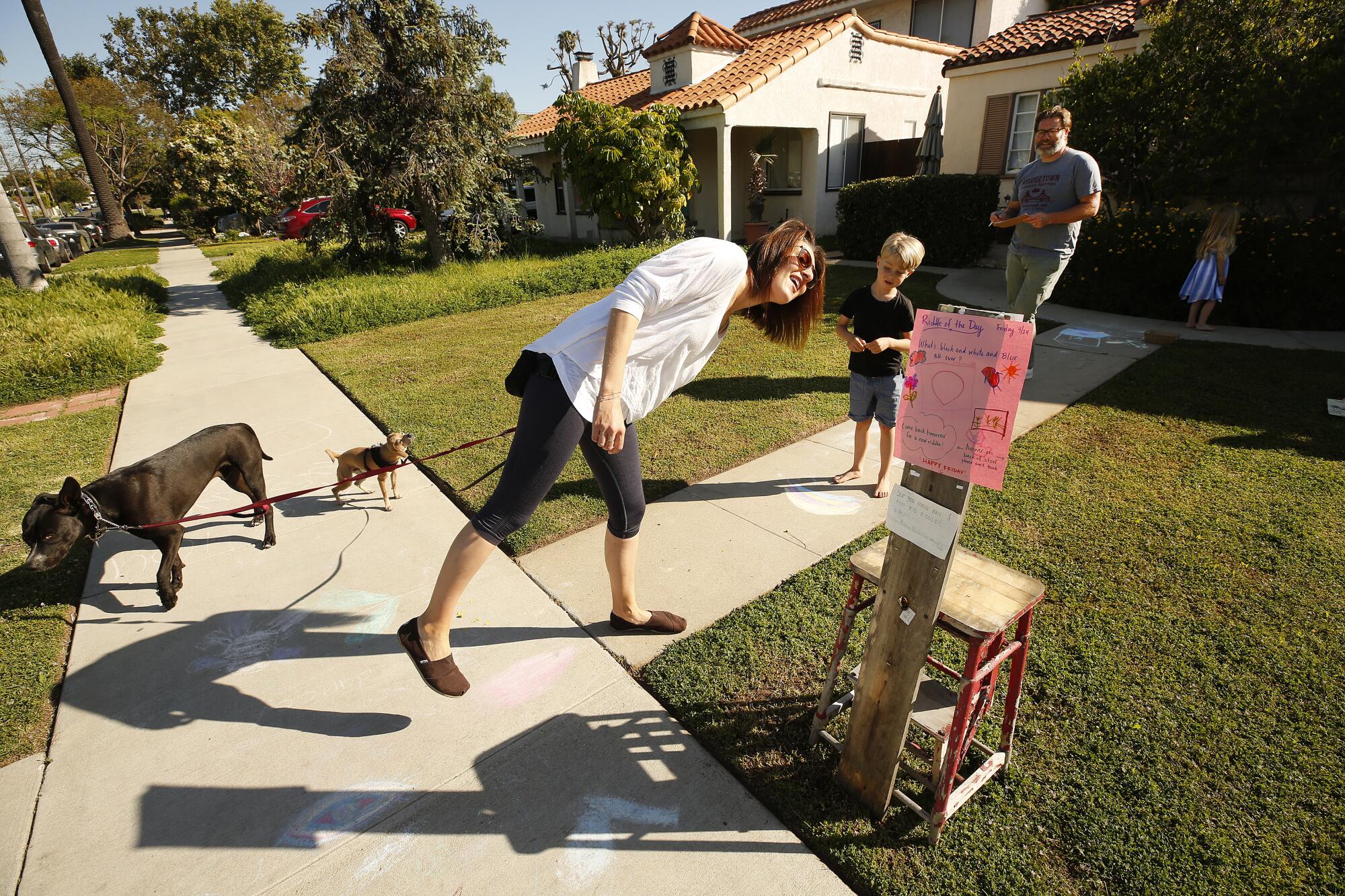 Marina Bonanni, walking her dogs, Milo and Louis, checks out the answer to the riddle of the day posted in the front yard of Jay and Kate Larsen.