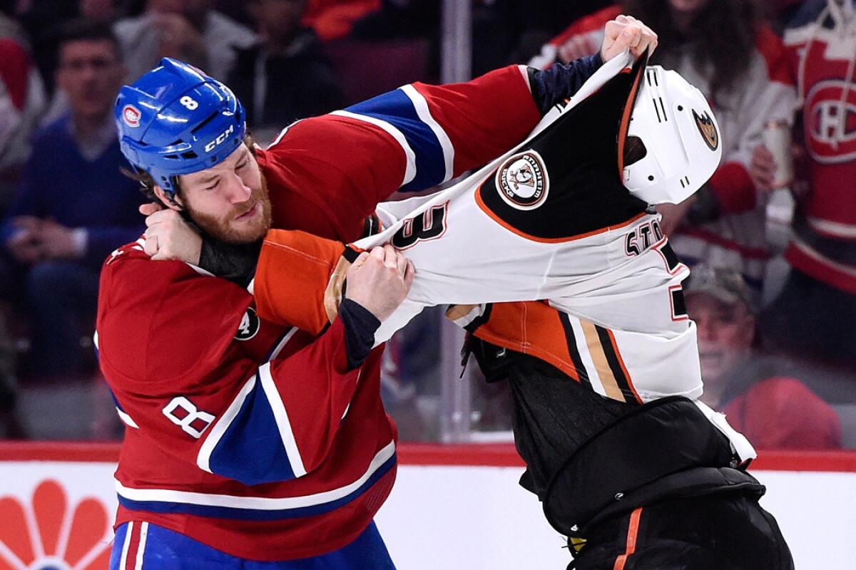Ducks defenseman Clayton Stoner and Canadiens winger Brandon Prust square off during a game in Montreal on Dec. 18.