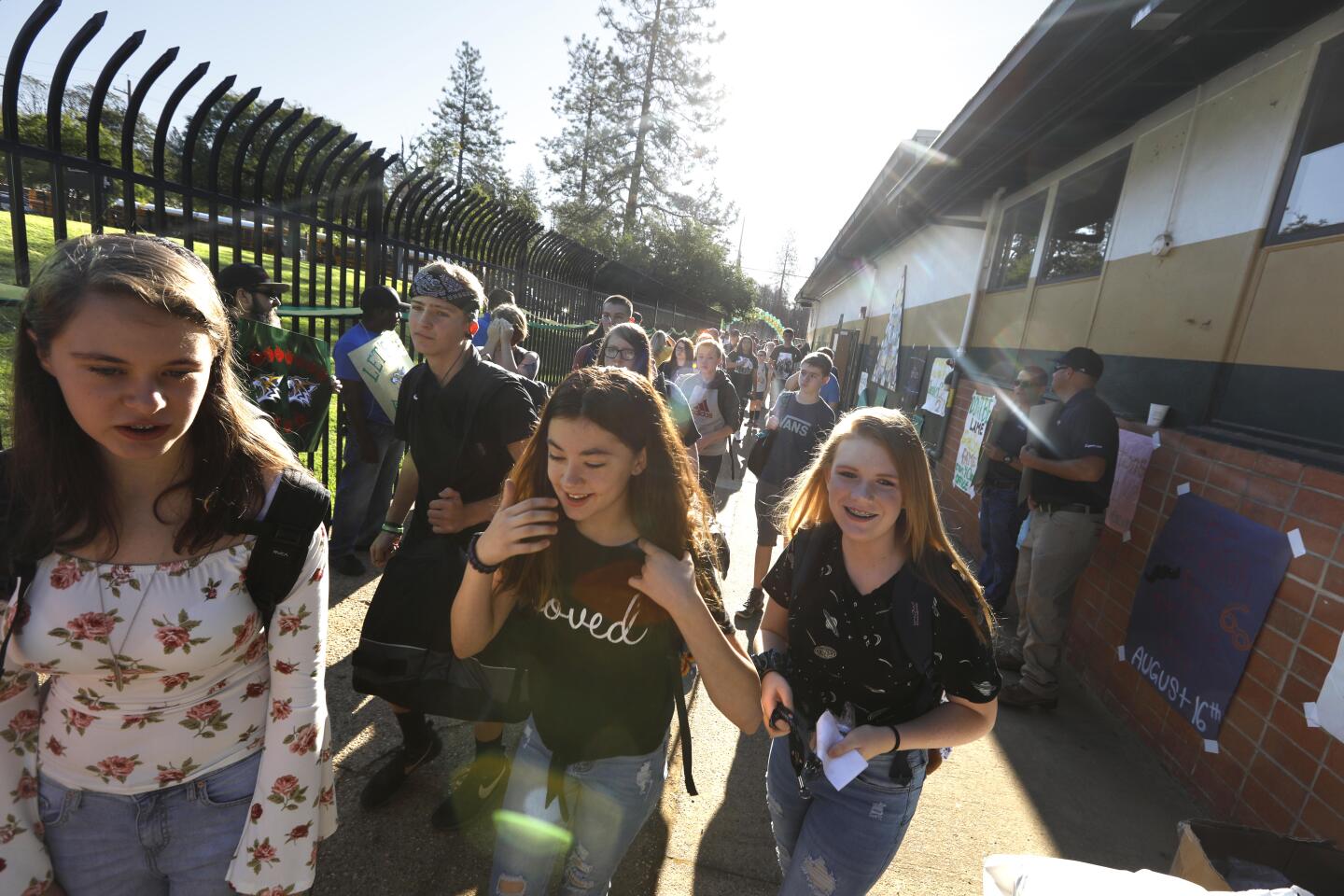 PARADISE, CA - AUGUST 15, 2019 - - Students return to class at Paradise High School months after the Camp Fire ravaged the community in Paradise, California on August 15, 2019. The Camp Fire was the deadliest and most destructive wildfire in California history. 84 people died in the fire and two other residents died later of their injuries. (Genaro Molina / Los Angeles Times)