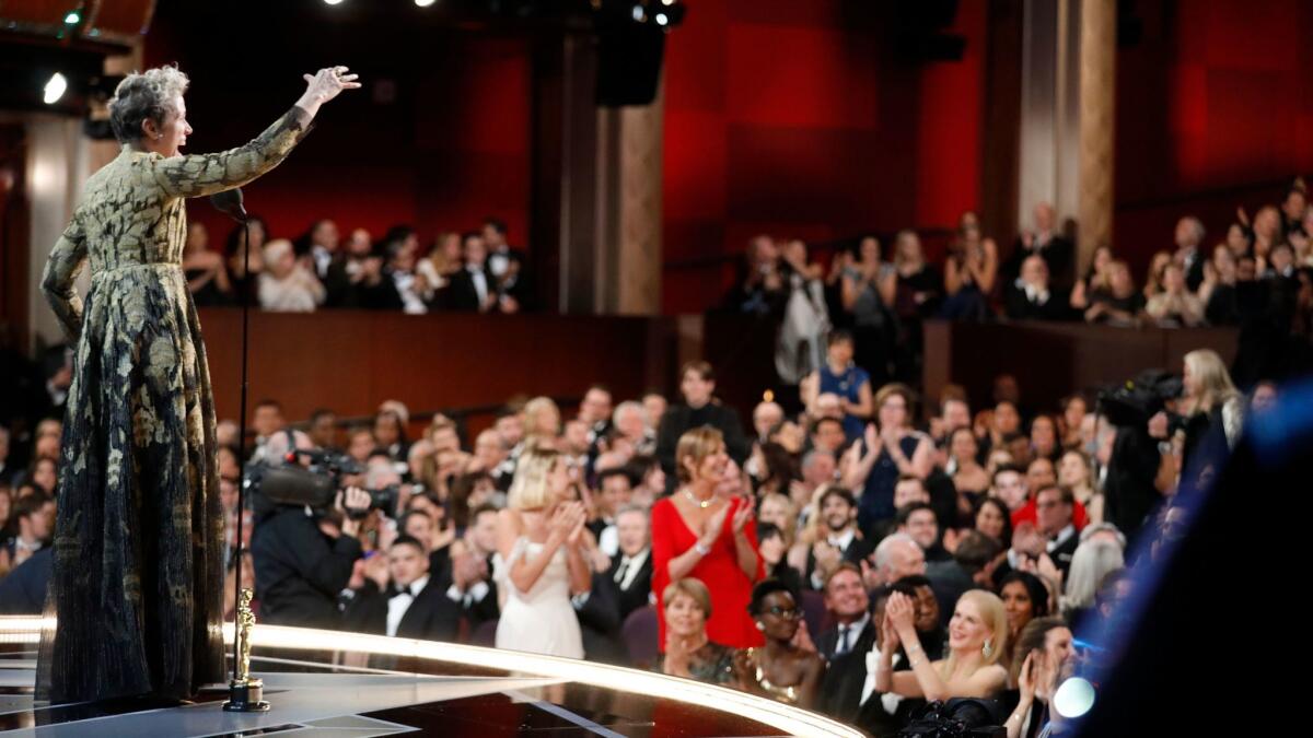 Oscar winner Frances McDormand asks the female nominees at the Academy Awards to stand.