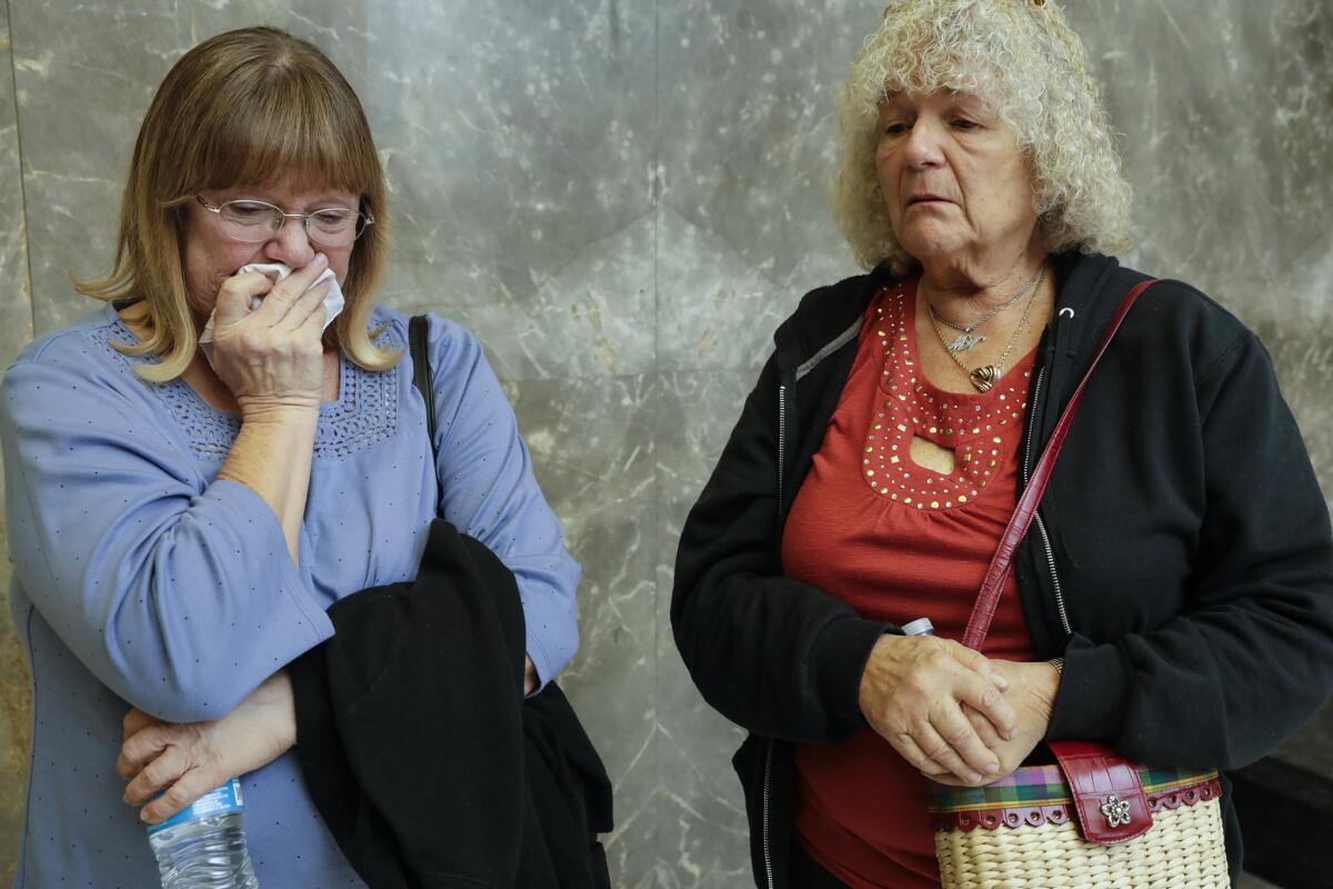 Natalie Volkoff's mother, Linda Kornoff, left, and mother-in-law, Michaelyn Volkoff, outside Superior Court, where Jacob Zamora and Corey Kiefer pleaded guilty to vehicular manslaughter for their involvement in the accident that killed Natalie Volkoff.