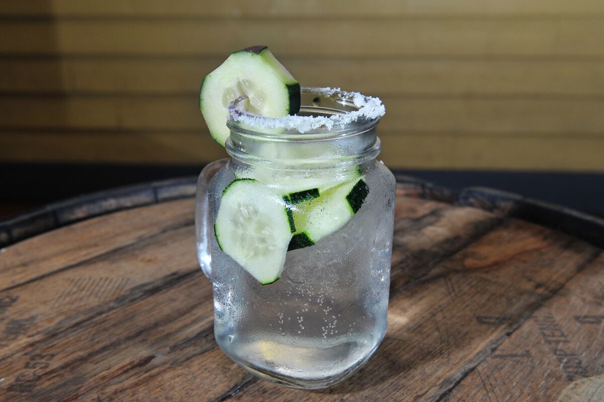 04.18.2018 -- The Deck at Moonshine Flats "The Day Spa" Cucumber infused Milagro tequila Lime juice Agave Topped with soda water Garnish with salt and cucumber wheel (Rick Nocon/ For The San Diego Union-Tribune)