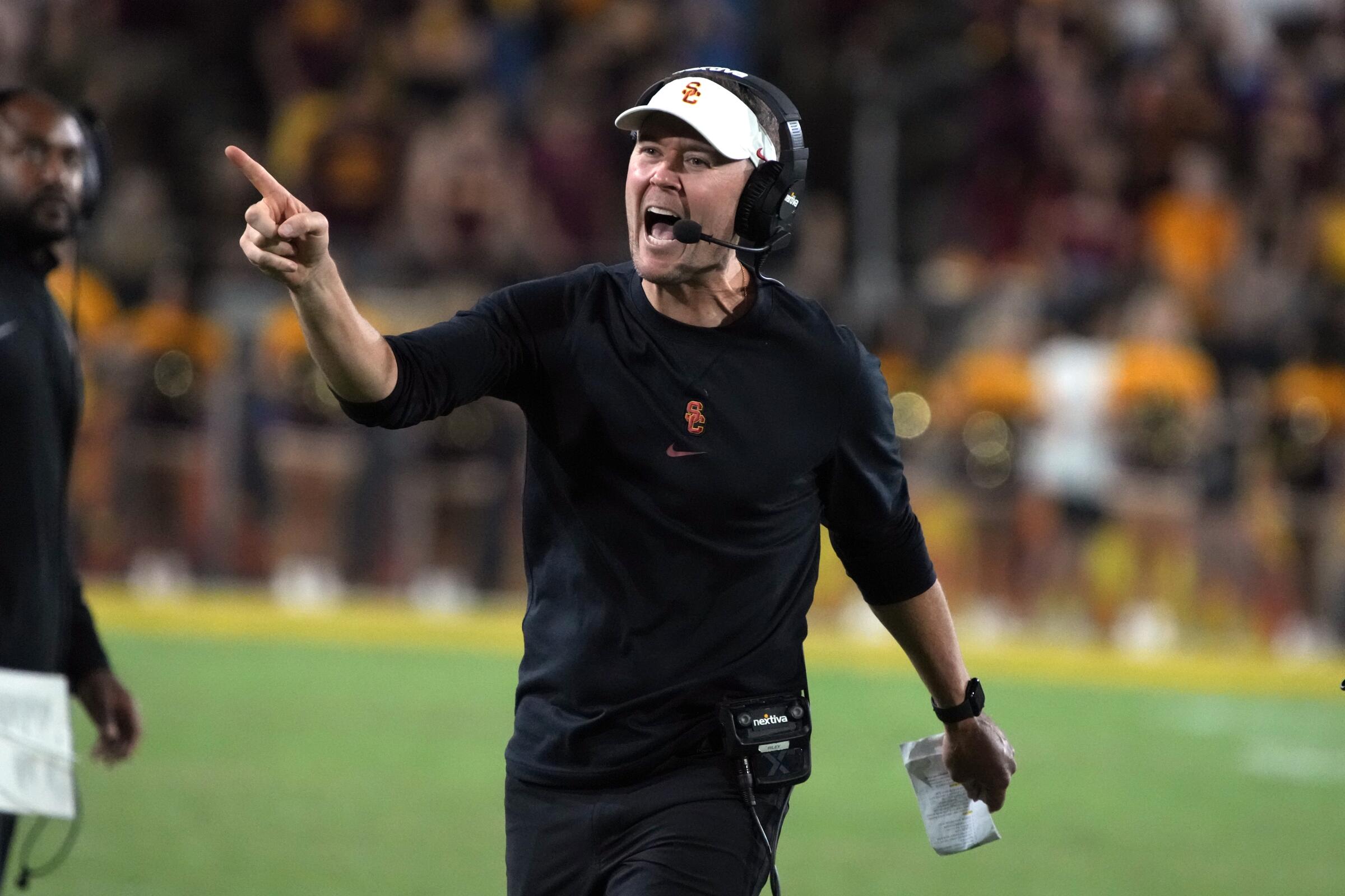 USC coach Lincoln Riley reacts during the Trojans' 42-28 win over Arizona State on Saturday night.