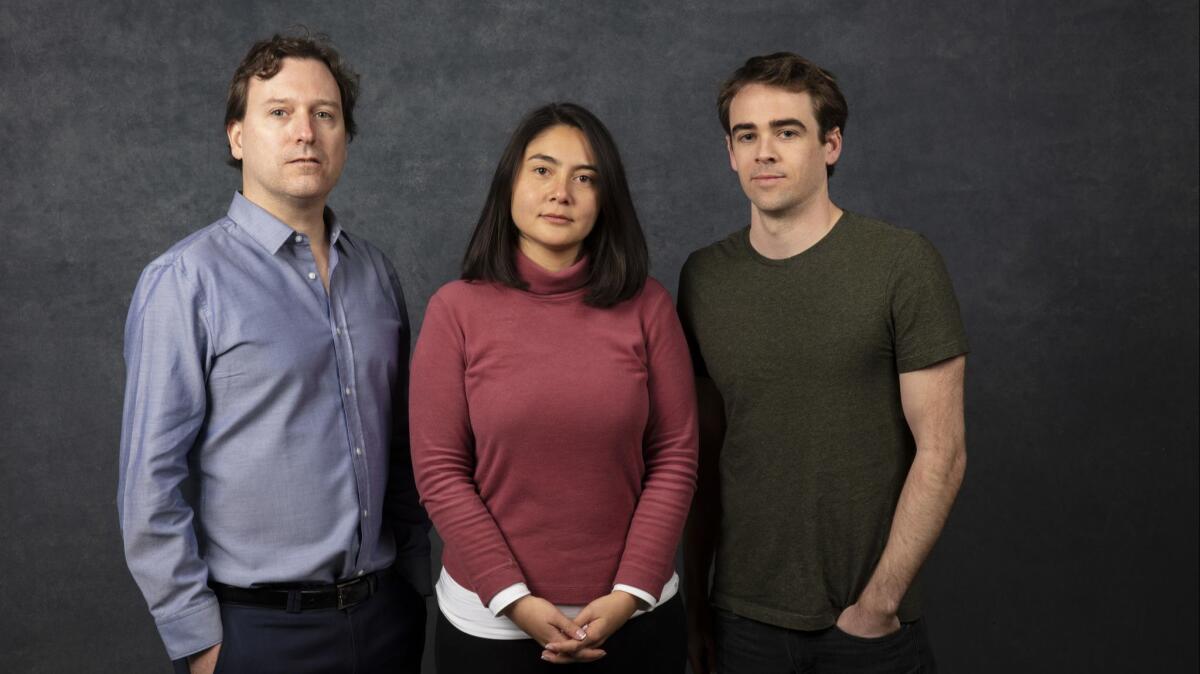 Wall Street Journal reporter John Carreyrou, left, with Theranos whistle-blowers Erika Cheung and Tyler Shultz at the Sundance Film Festival in January.