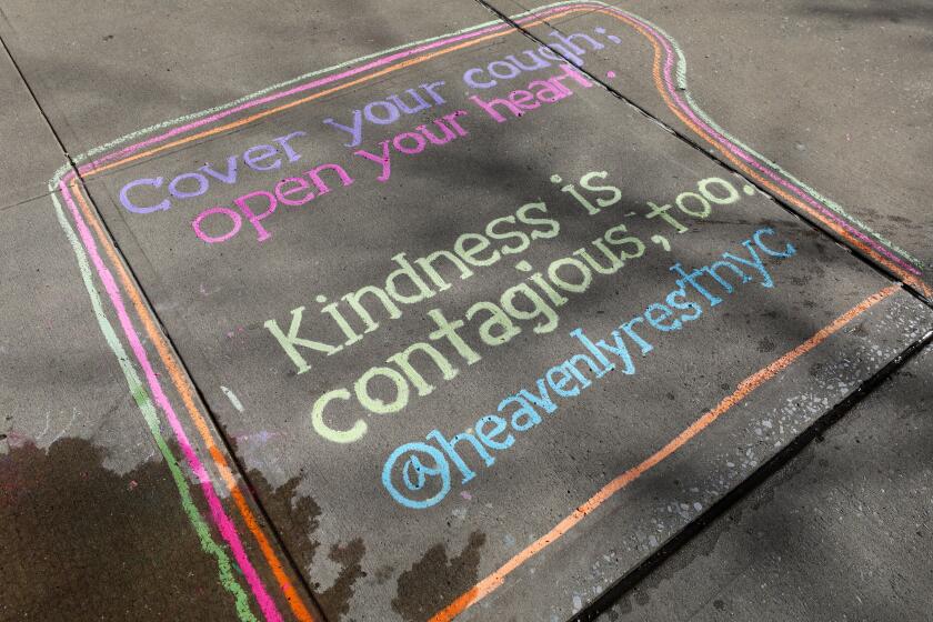 NEW YORK, NEW YORK - MARCH 13: A chalk drawing which reads 'Cover your cough; open your heart. Kindness is contagious, too.' is seen on Fifth Avenue on March 13, 2020 in New York City. As the Coronavirus continues to spread in the United States, many professional events have been canceled. (Photo by Cindy Ord/Getty Images)